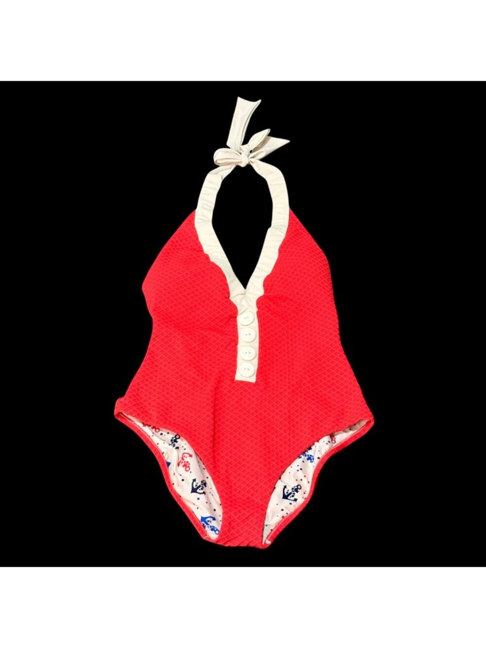 Red Halter One-Piece Retro Swimsuit Anchor Buttons Printed Lining Size M